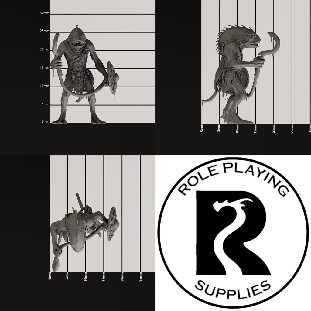 A dnd miniature kuo-toa whip, photo showing all 3 angles with sizes in mm.
