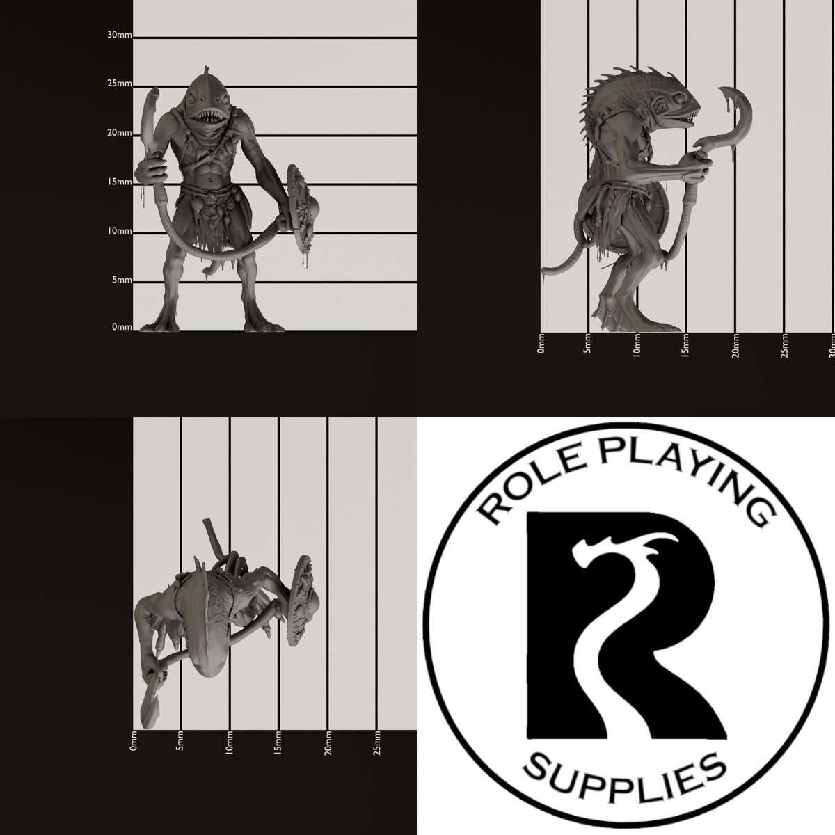 A dnd miniature kuo-toa whip, photo showing all 3 angles with sizes in mm.
