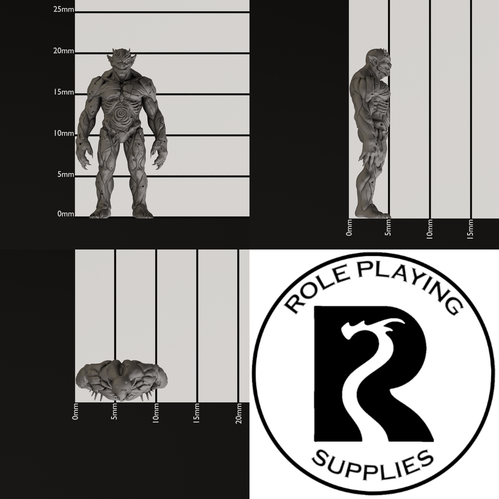 A dnd miniature magmin, photo showing all 3 angles with sizes in mm.
