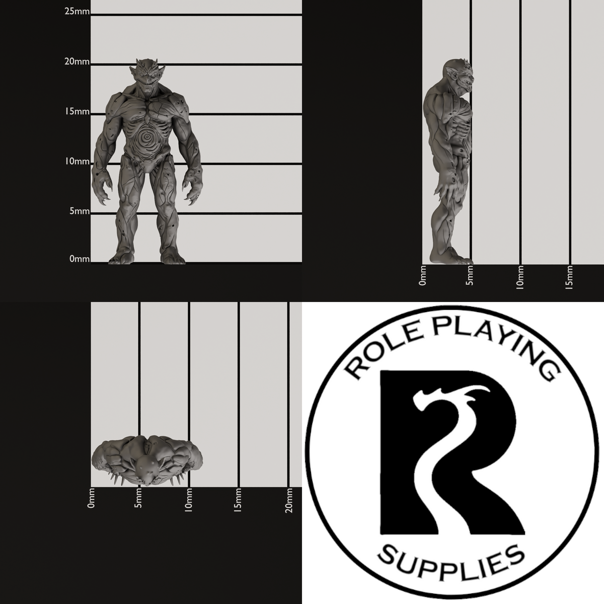 A dnd miniature magmin, photo showing all 3 angles with sizes in mm.

