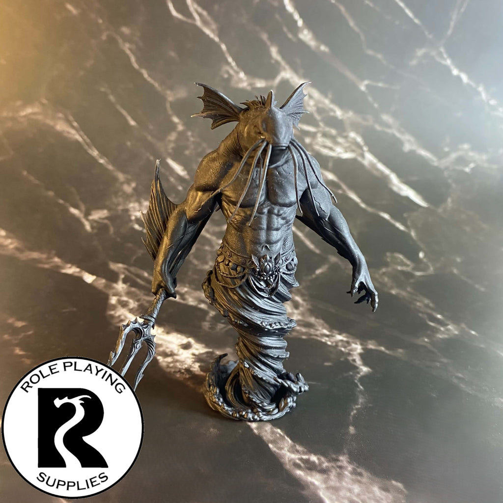 A dnd miniature marid primed in black.
