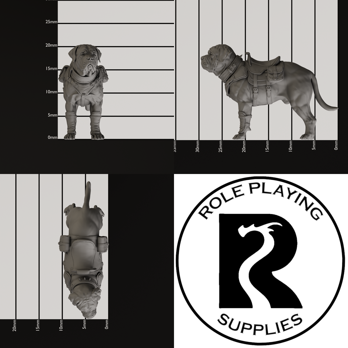 A dnd miniature mastiff, photo showing all 3 angles with sizes in mm.