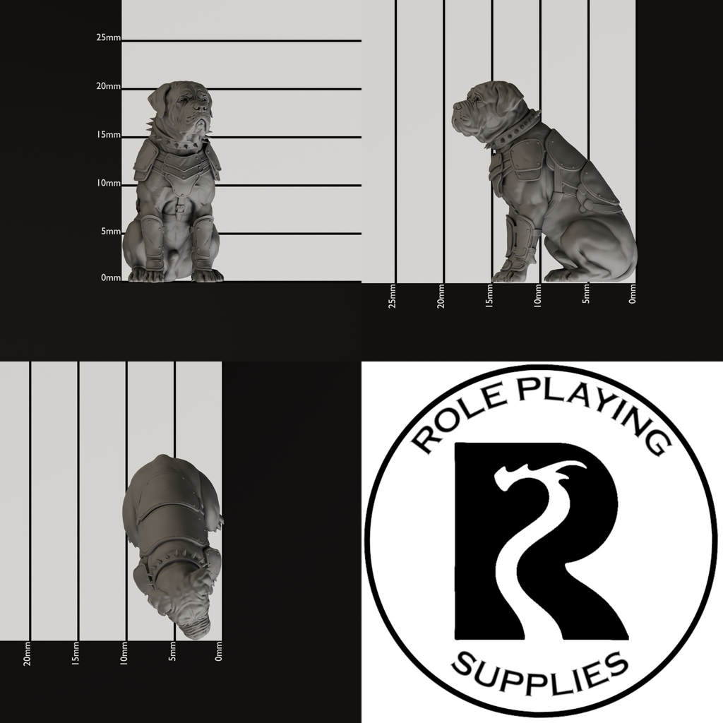 A dnd miniature mastiff, photo showing all 3 angles with sizes in mm.