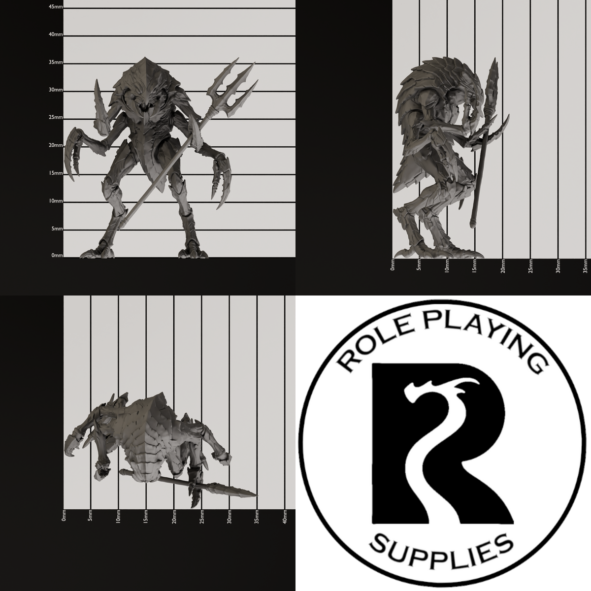 A dnd miniature mezzoloth, photo showing all 3 angles with sizes in mm.
