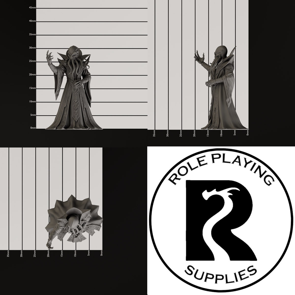 A dnd miniature mind flayer arcanist, photo showing all 3 angles with sizes in mm.