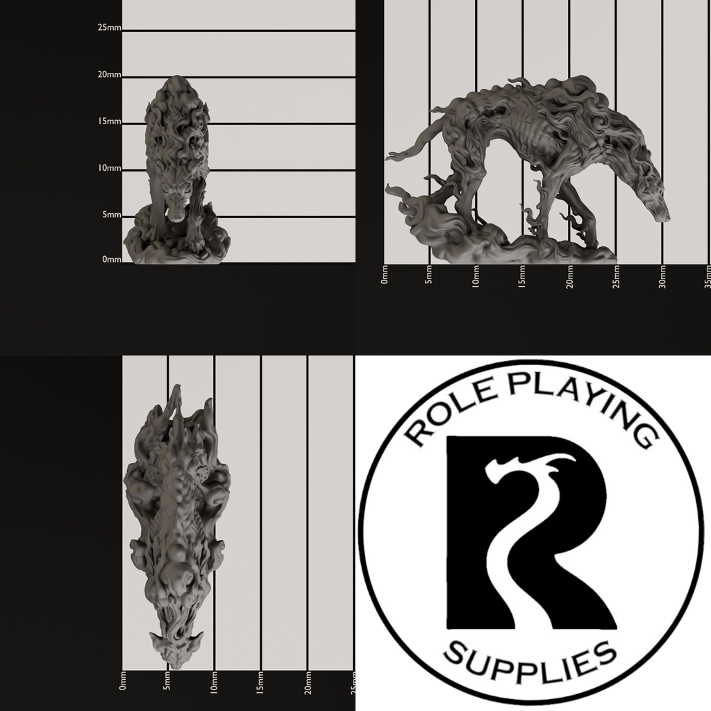 A dnd miniature mist hound, photo showing all 3 angles with sizes in mm.
