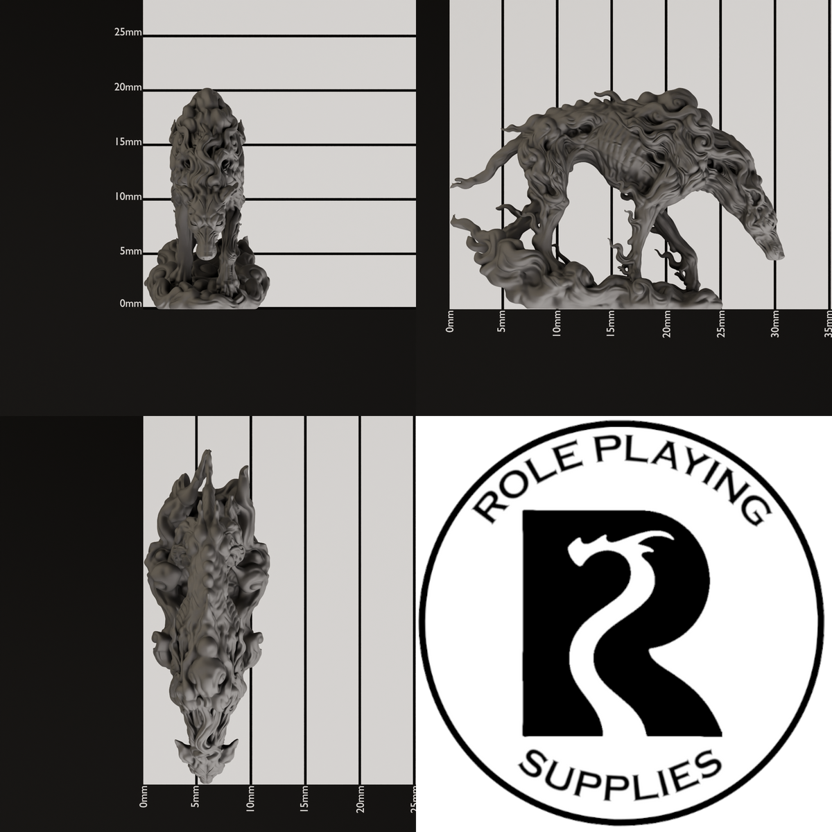 A dnd miniature mist hound, photo showing all 3 angles with sizes in mm.

