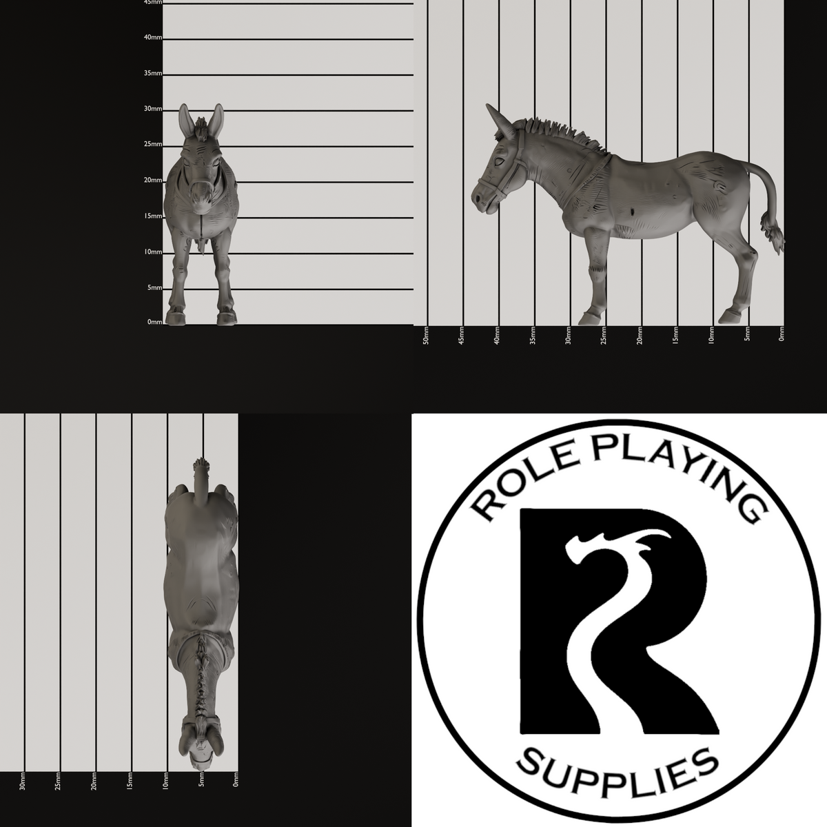 A dnd miniature mule, photo showing all 3 angles with sizes in mm.