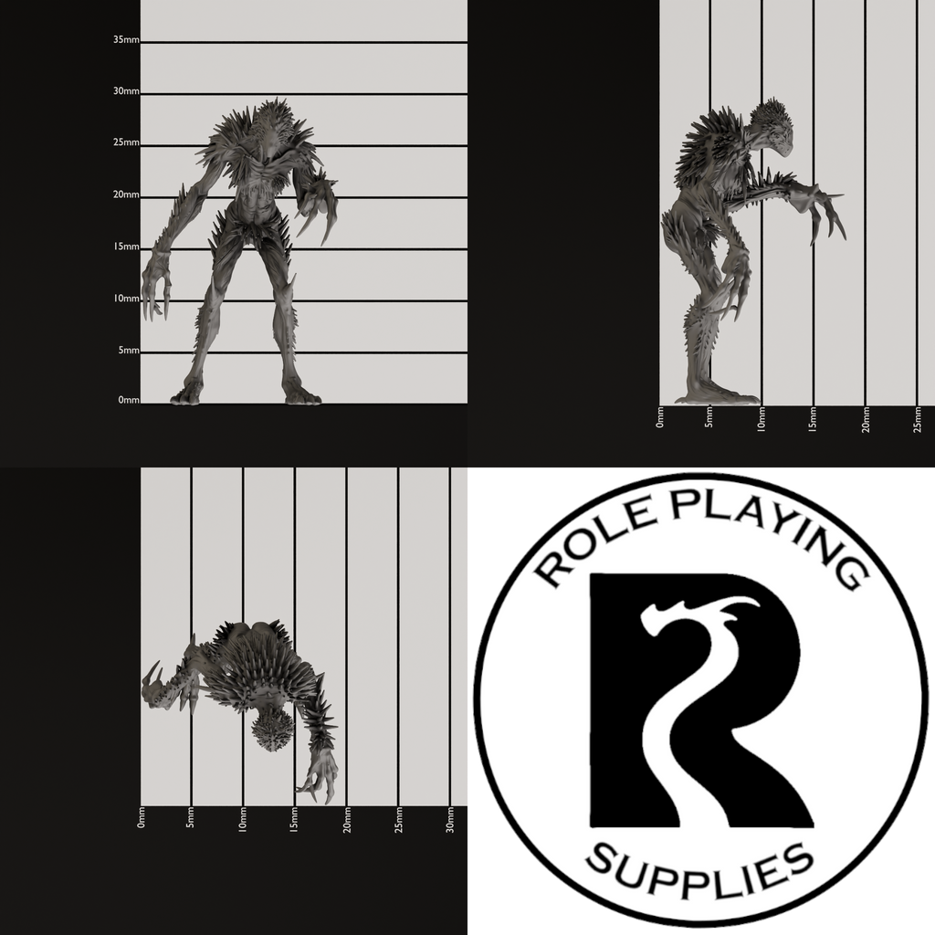 A dnd miniature needle blight, photo showing all 3 angles with sizes in mm.
