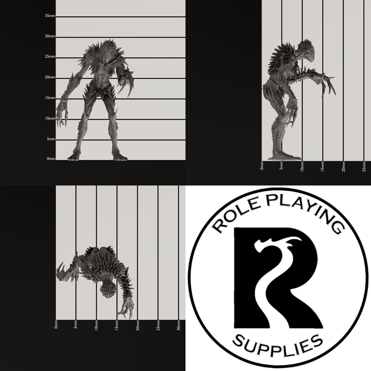 A dnd miniature needle blight, photo showing all 3 angles with sizes in mm.
