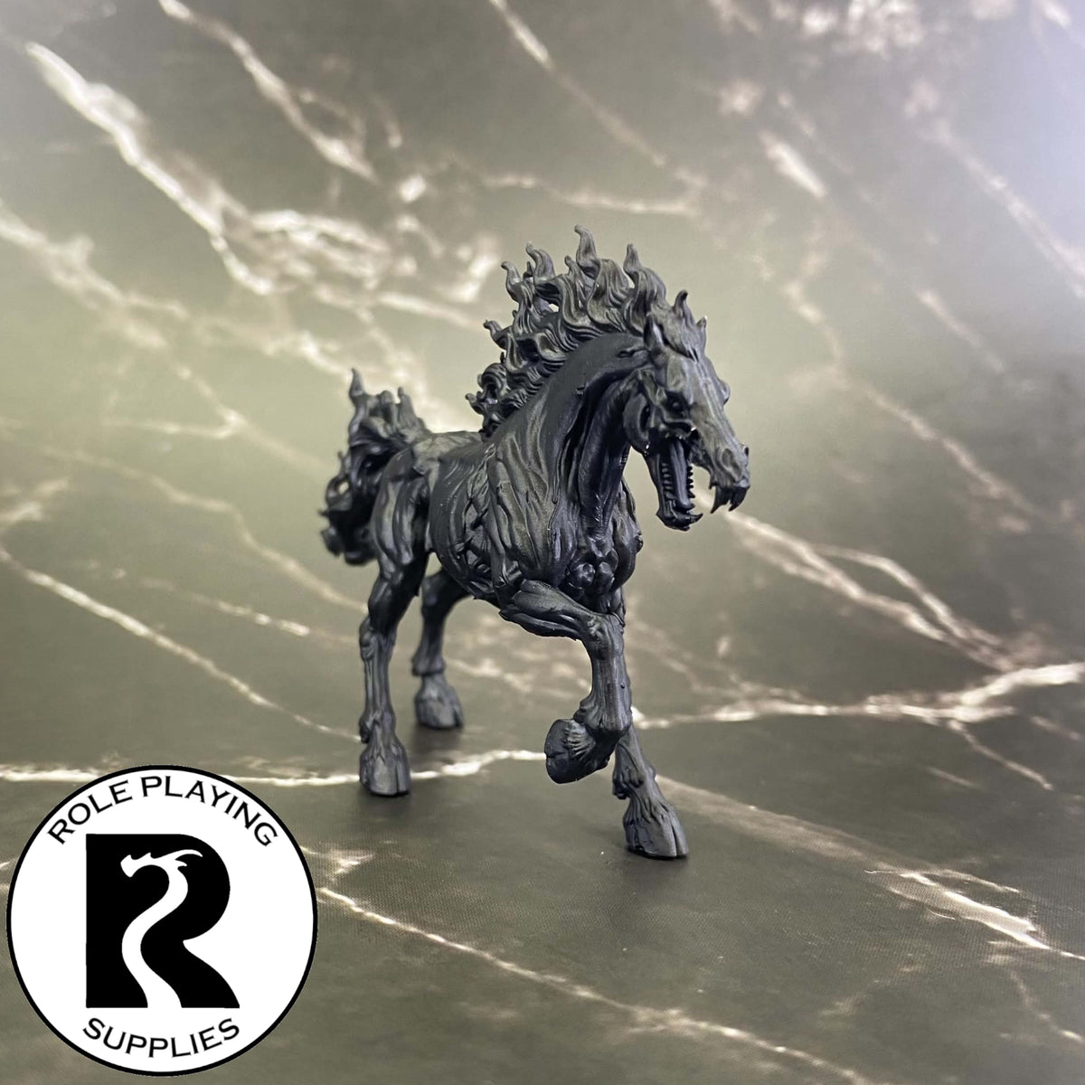 A dnd miniature nightmare primed in black.
