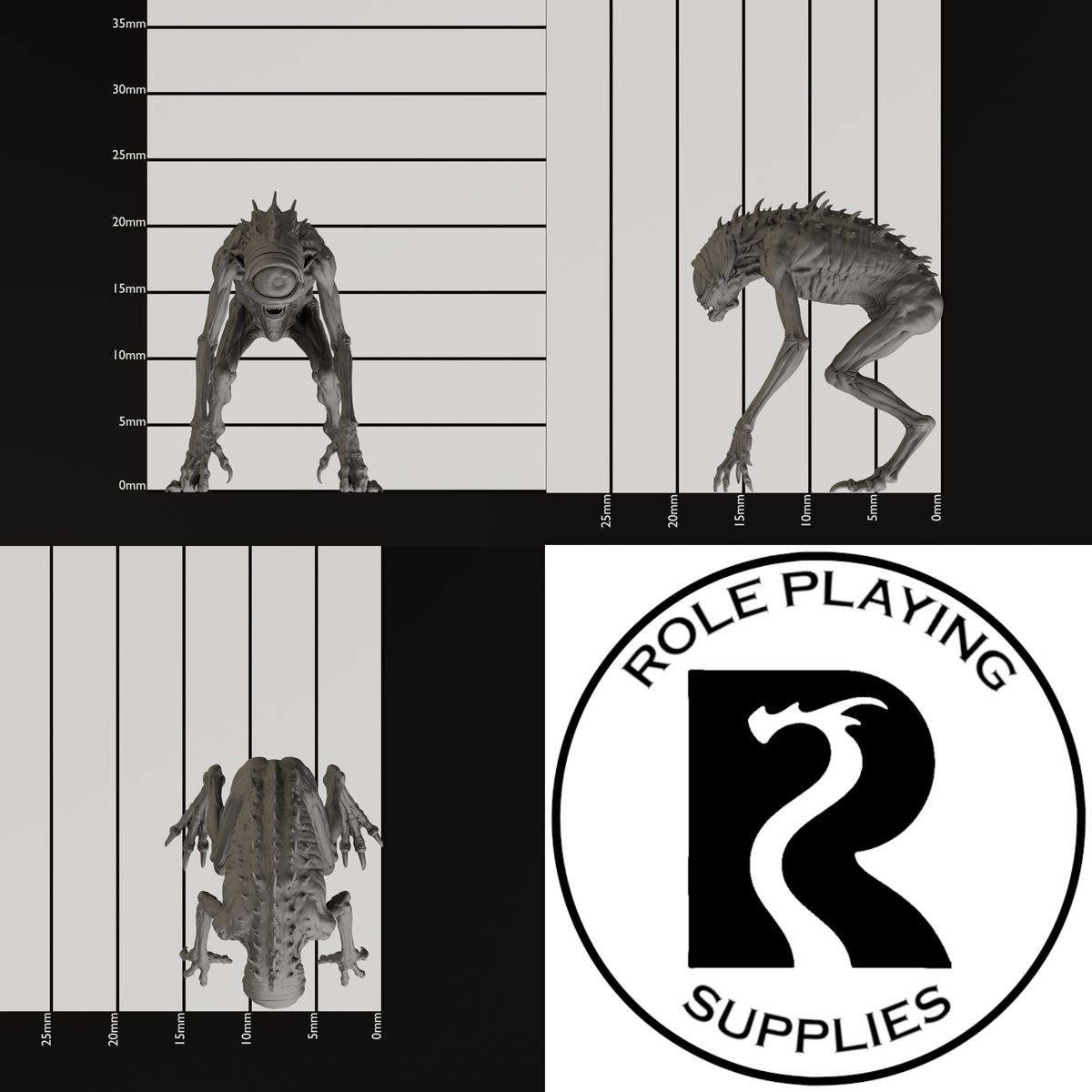 A dnd miniature nothic, photo showing all 3 angles with sizes in mm.
