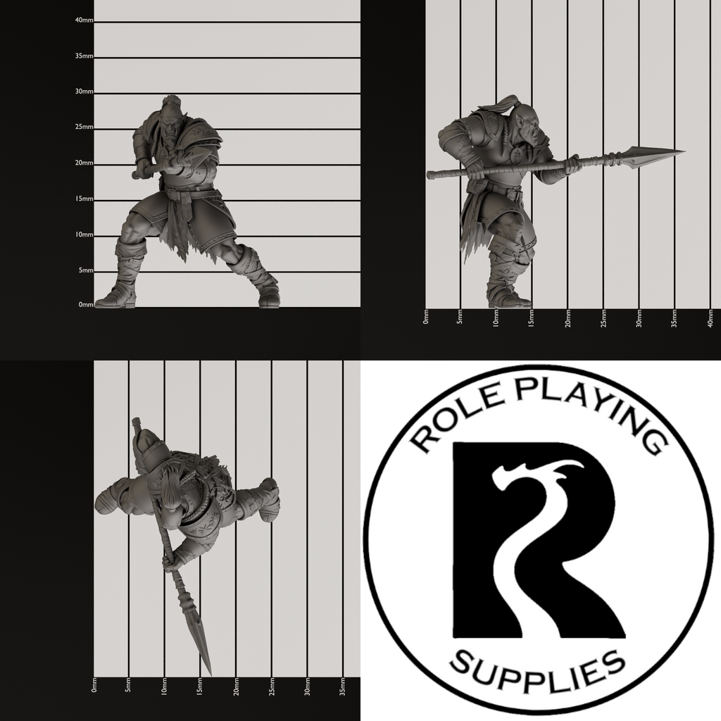 A dnd miniature orc war chief, photo showing all 3 angles with sizes in mm.
