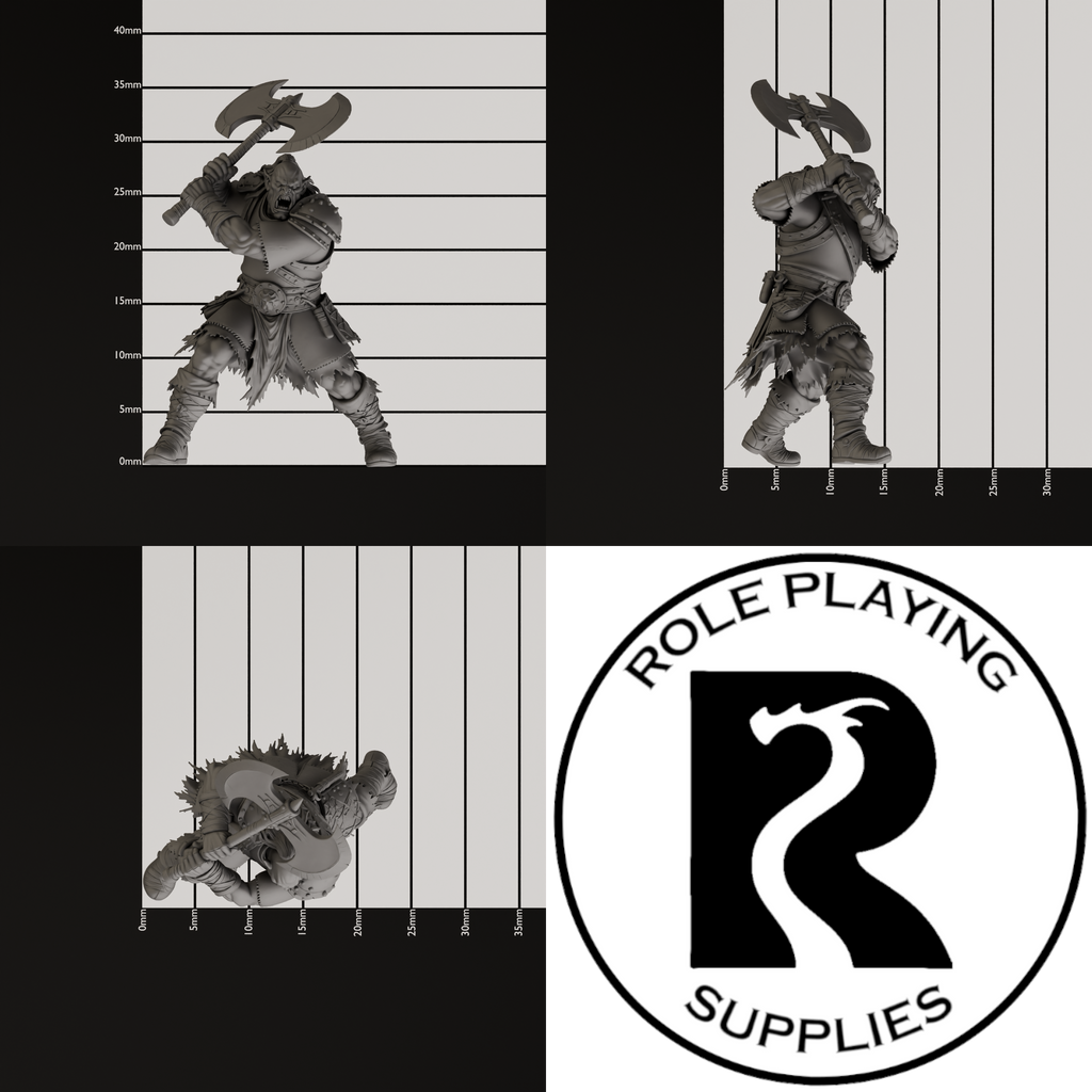 A dnd miniature orc war chief, photo showing all 3 angles with sizes in mm.

