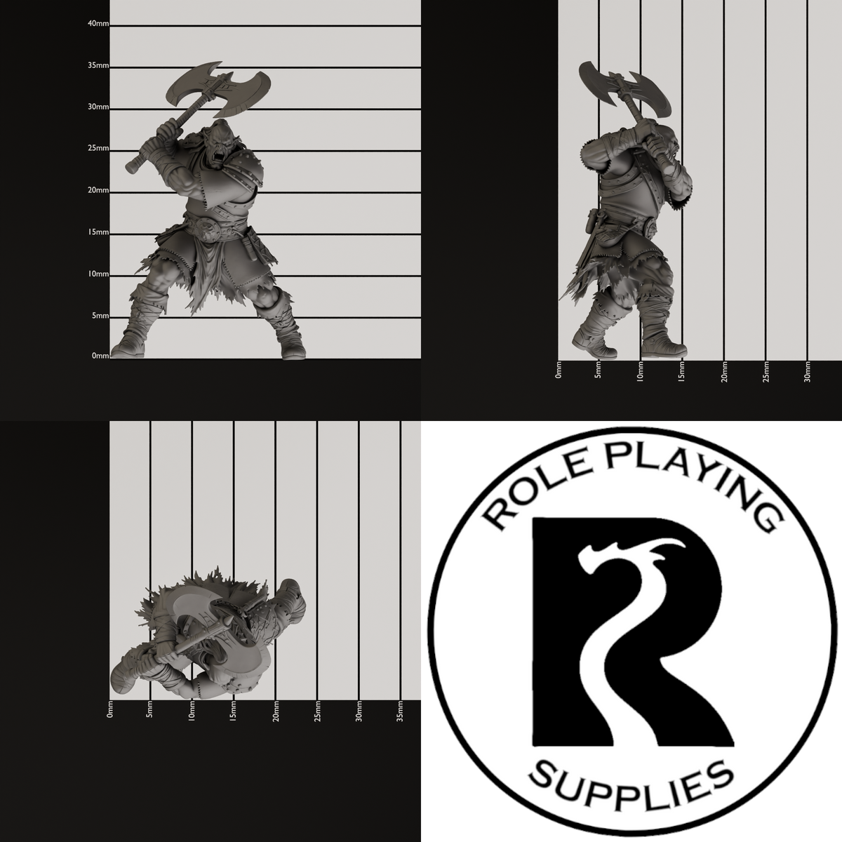 A dnd miniature orc war chief, photo showing all 3 angles with sizes in mm.
