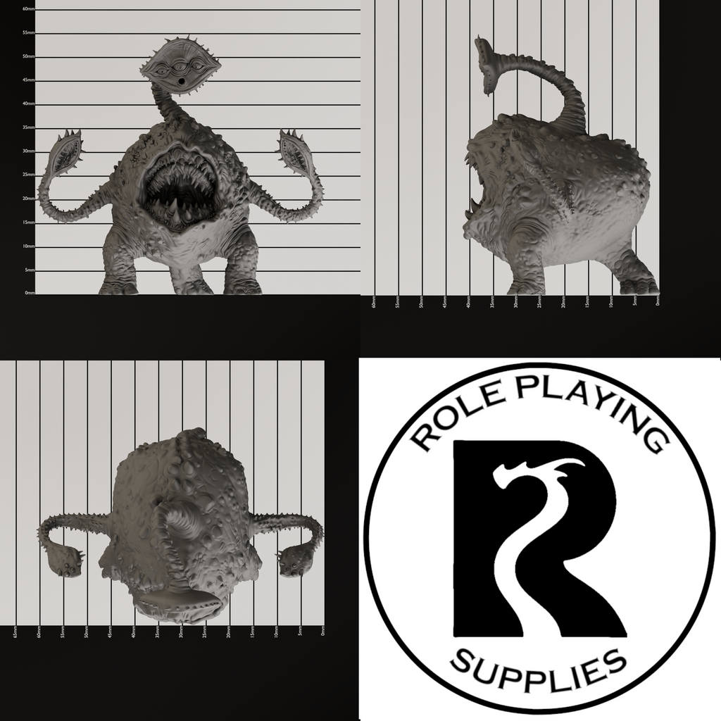 A dnd miniature otyugh, photo showing all 3 angles with sizes in mm.