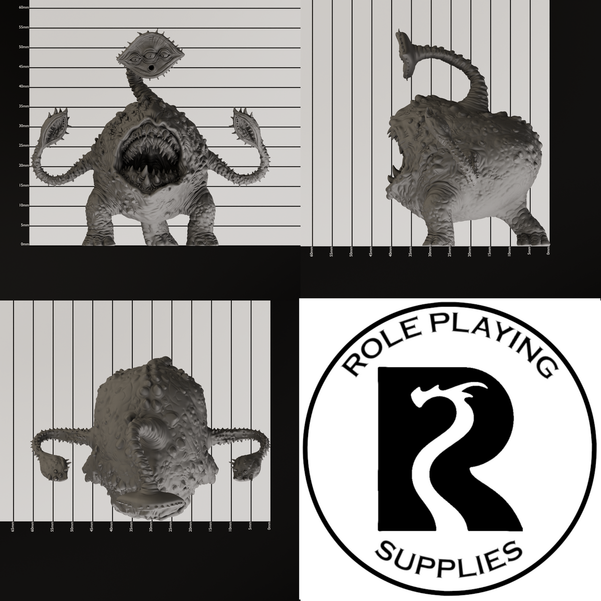 A dnd miniature otyugh, photo showing all 3 angles with sizes in mm.