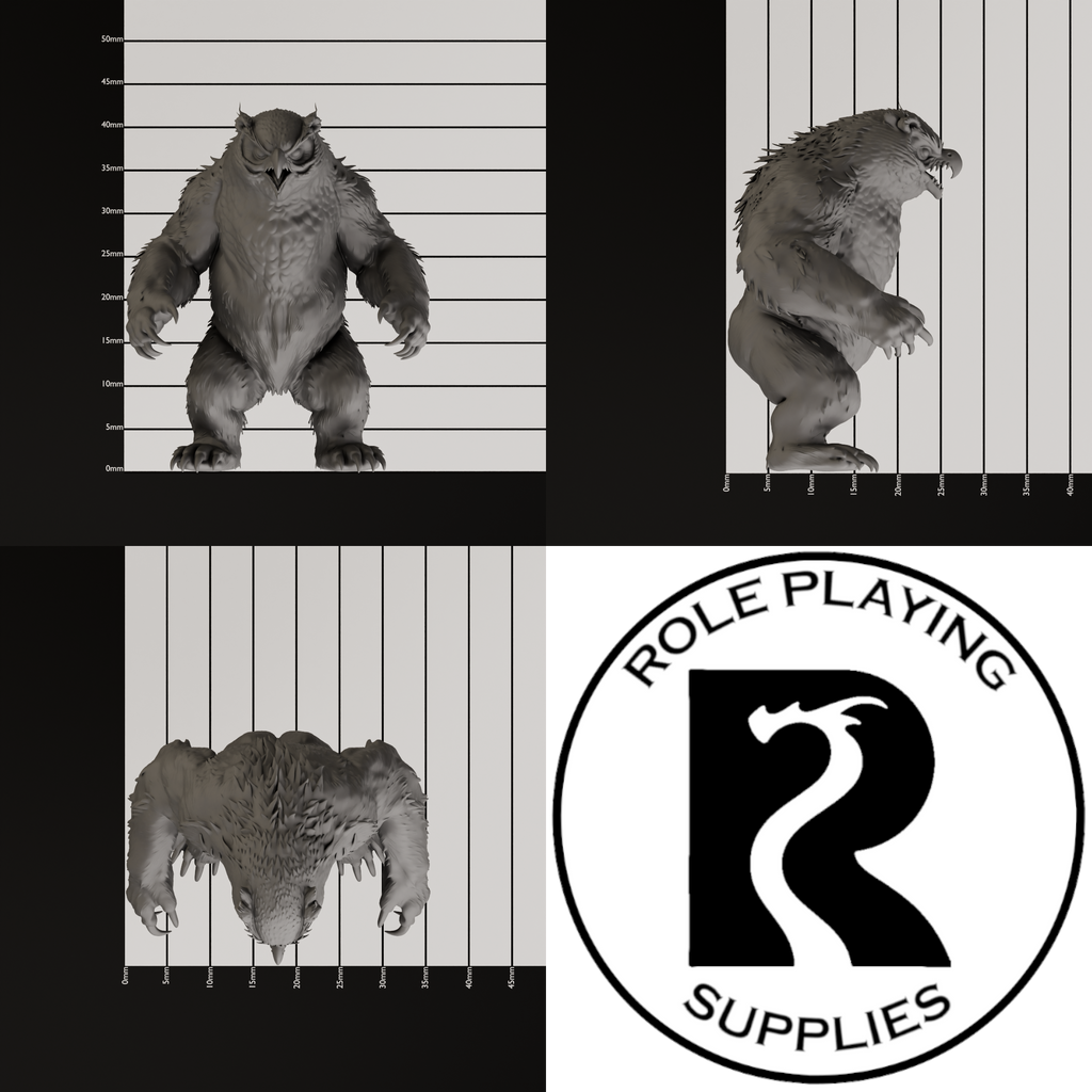 A dnd miniature owlbear, photo showing all 3 angles with sizes in mm.
