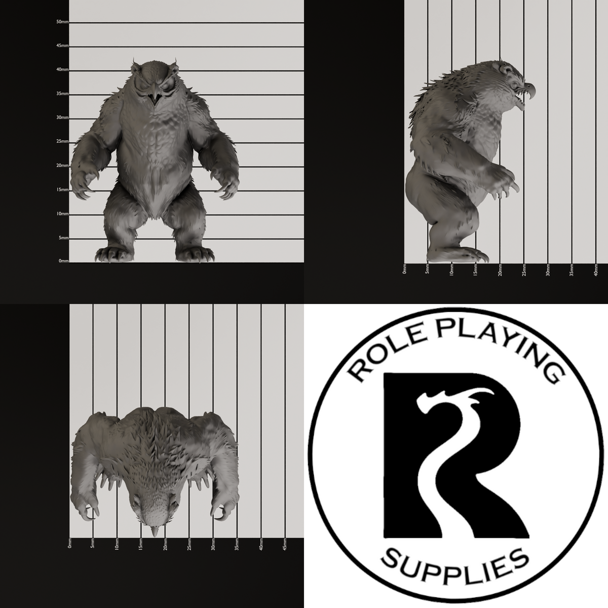 A dnd miniature owlbear, photo showing all 3 angles with sizes in mm.
