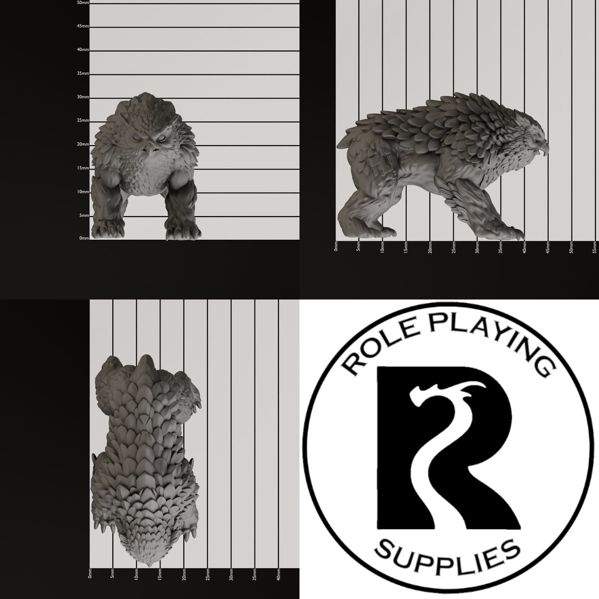 A dnd miniature owlbear, photo showing all 3 angles with sizes in mm.
