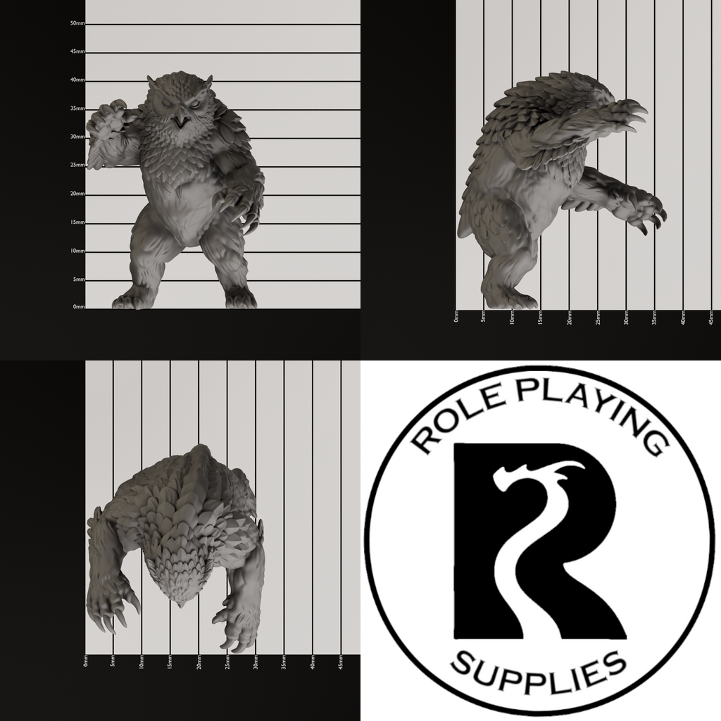 A dnd miniature owlbear, photo showing all 3 angles with sizes in mm.
