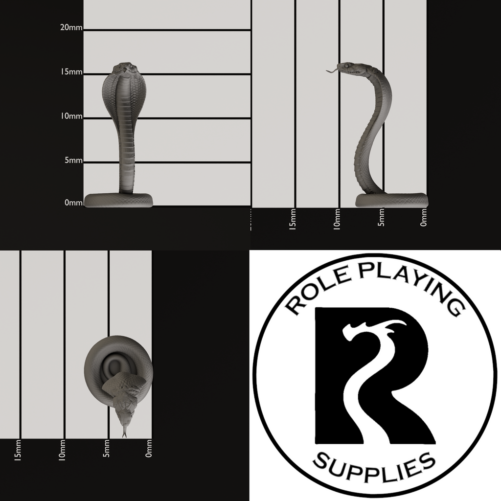 A dnd miniature poisonous snake, photo showing all 3 angles with sizes in mm.
