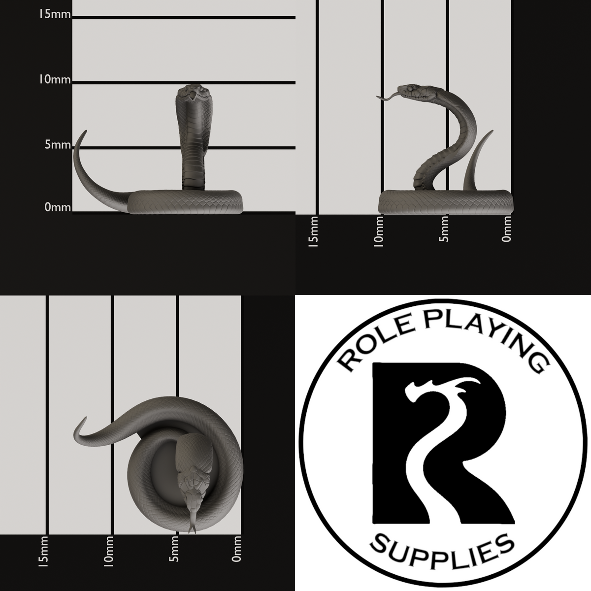 A dnd miniature poisonous snake, photo showing all 3 angles with sizes in mm.
