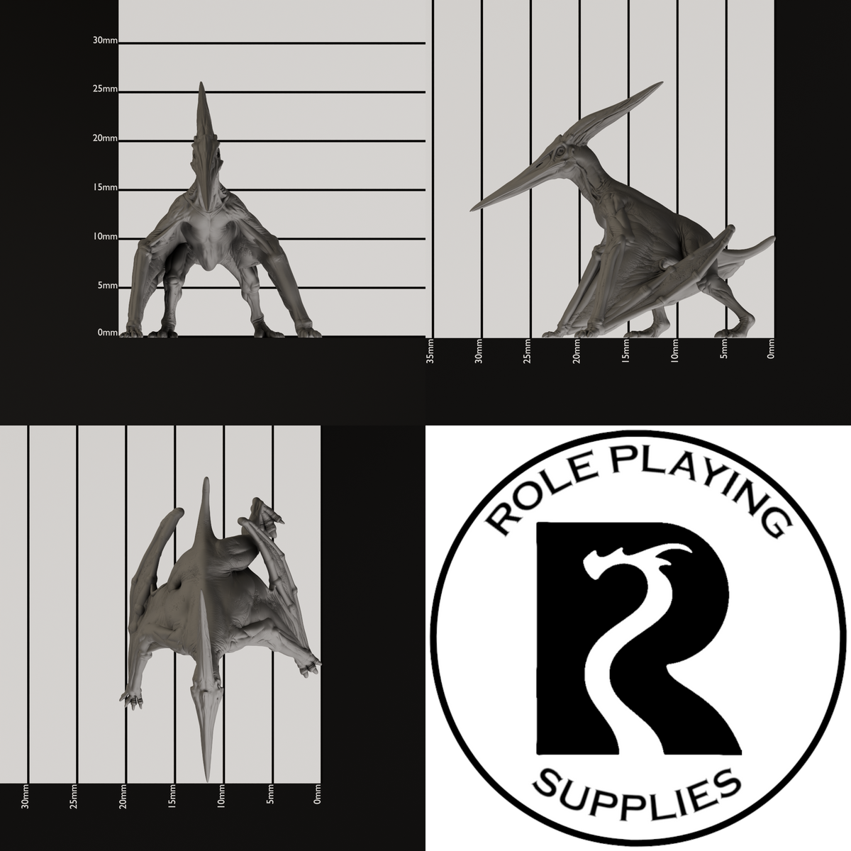 A dnd miniature pteranodon, photo showing all 3 angles with sizes in mm.
