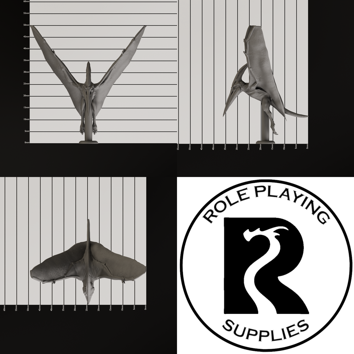 A dnd miniature pteranodon, photo showing all 3 angles with sizes in mm.