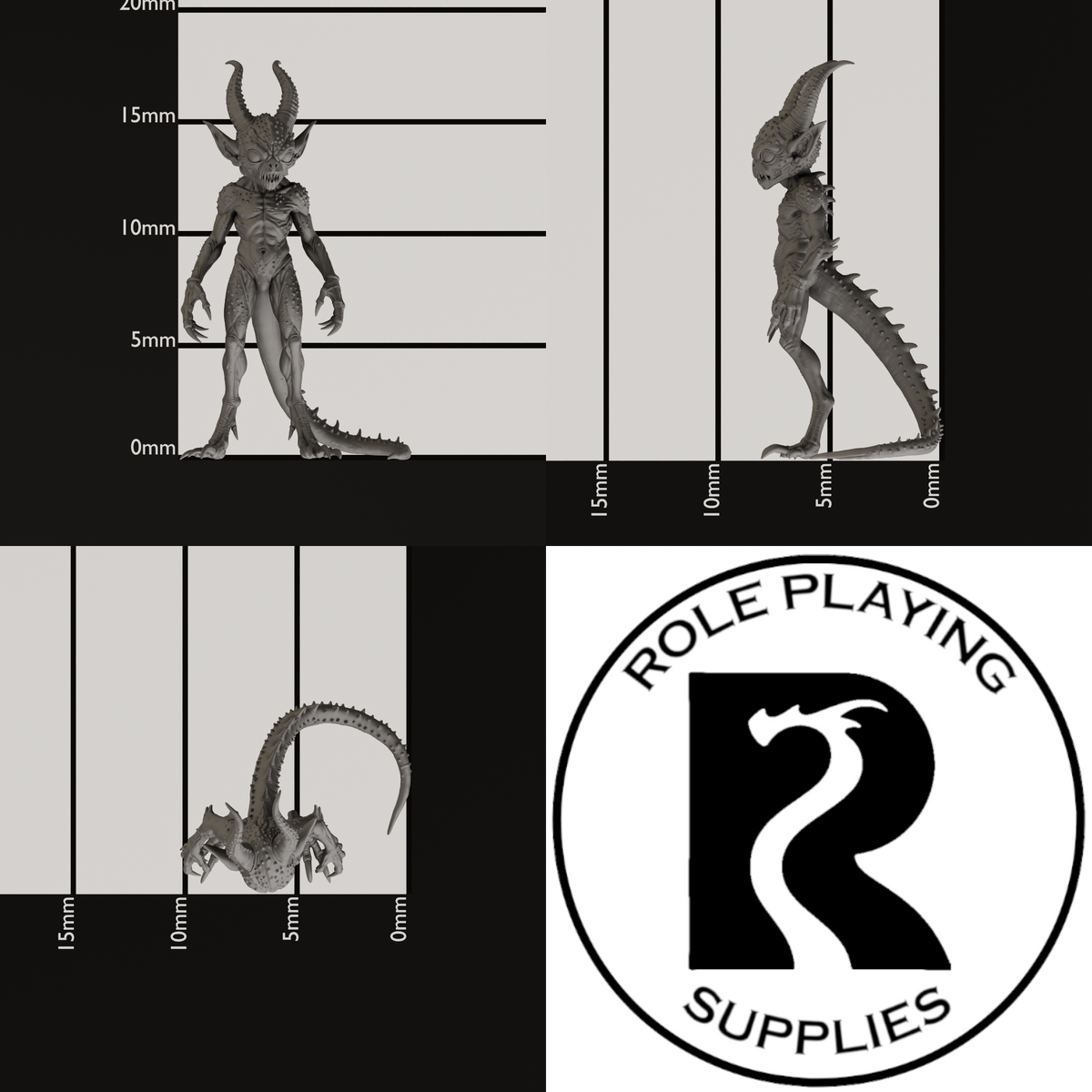 A dnd miniature quasit, photo showing all 3 angles with sizes in mm.
