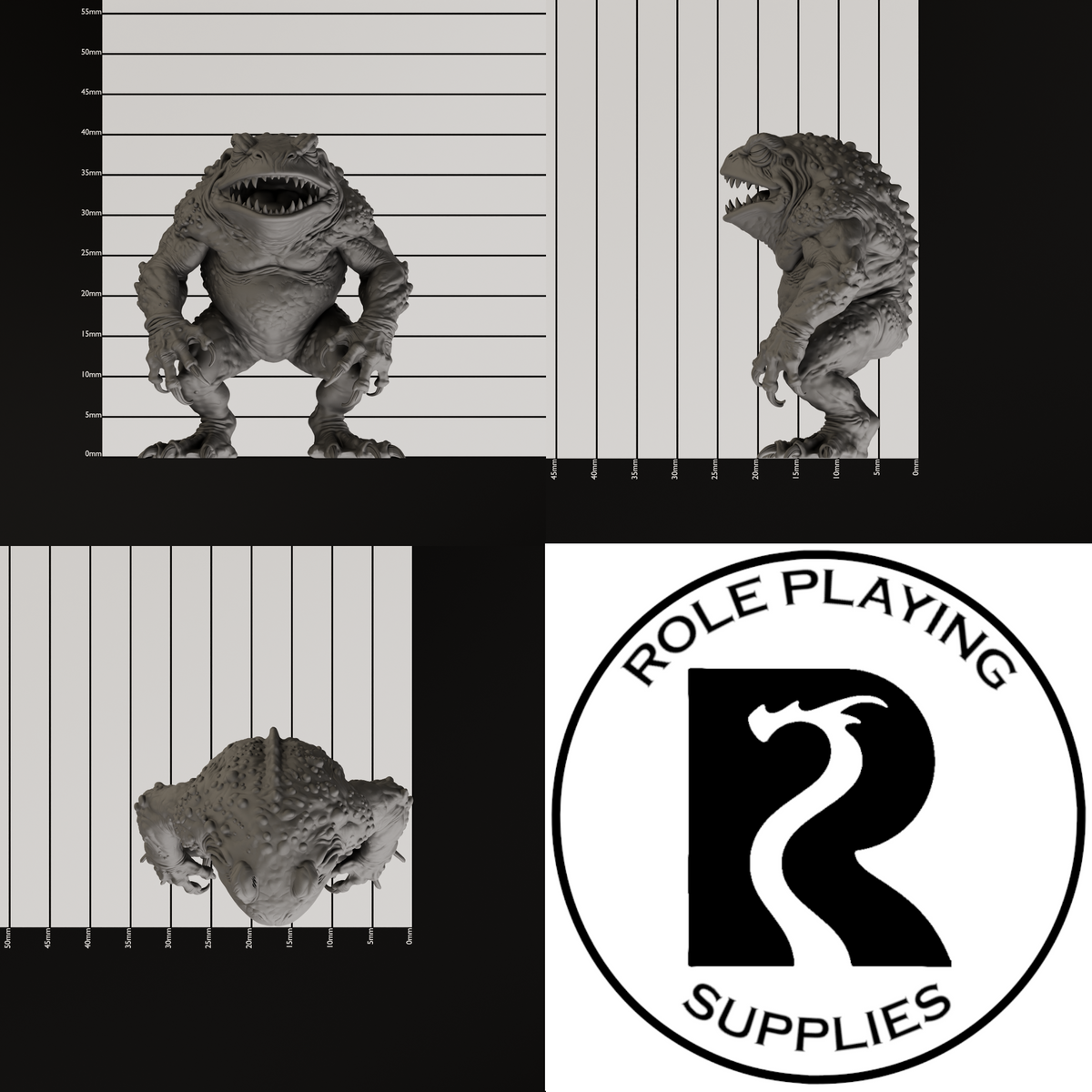 A dnd miniature red slaad, photo showing all 3 angles with sizes in mm.