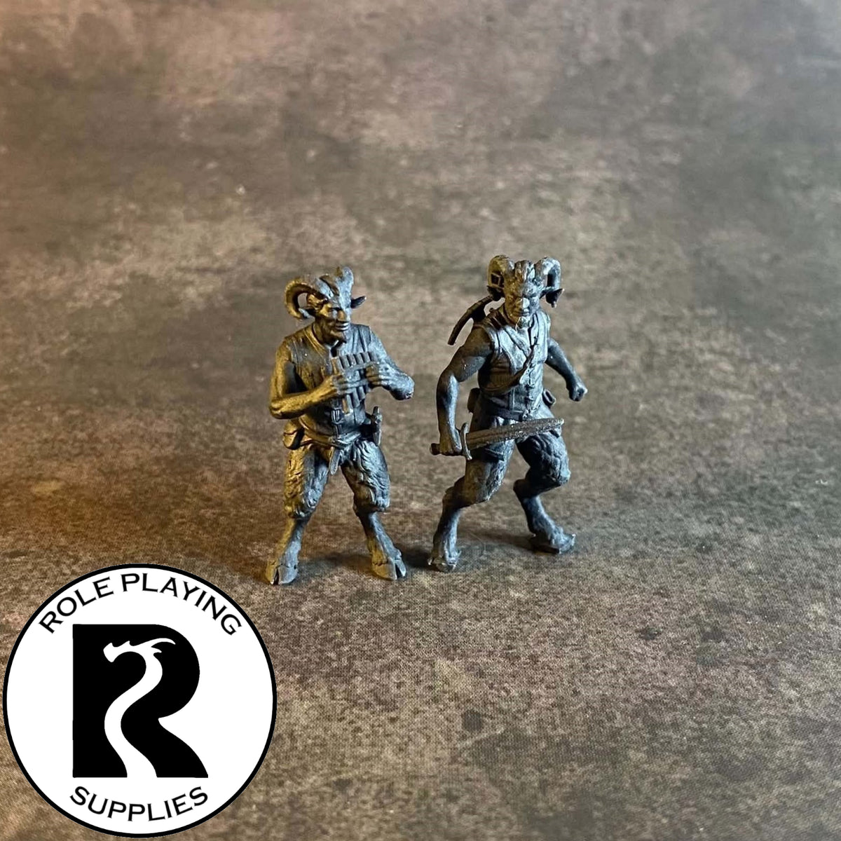 A dnd miniature satyr primed in black 28mm scale.
