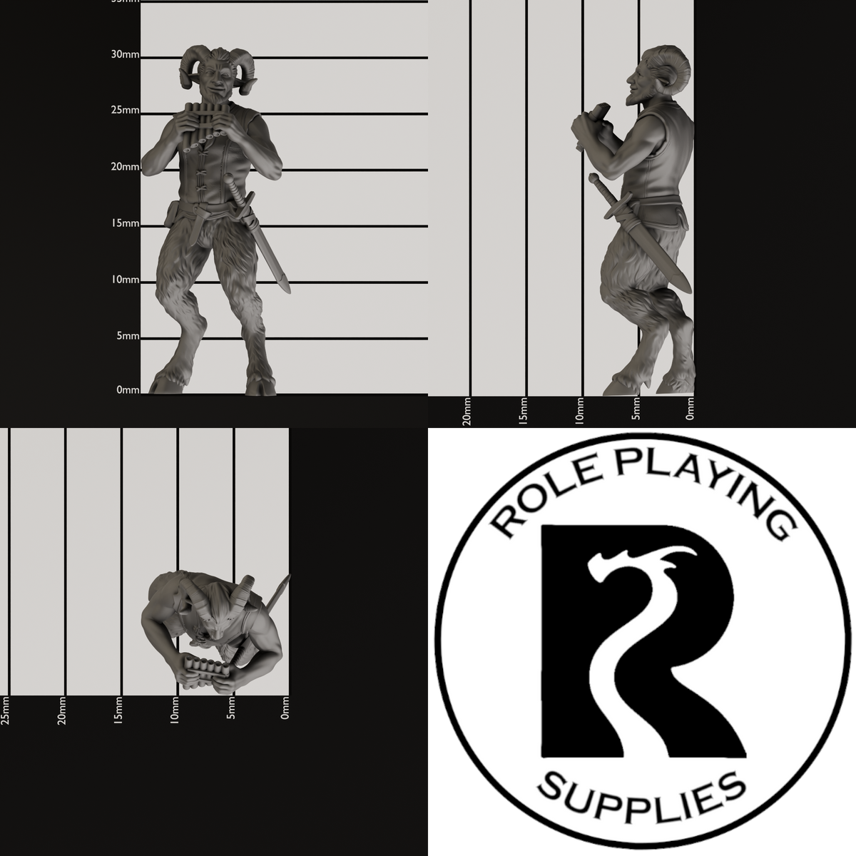 A dnd miniature satyr, photo showing all 3 angles with sizes in mm.