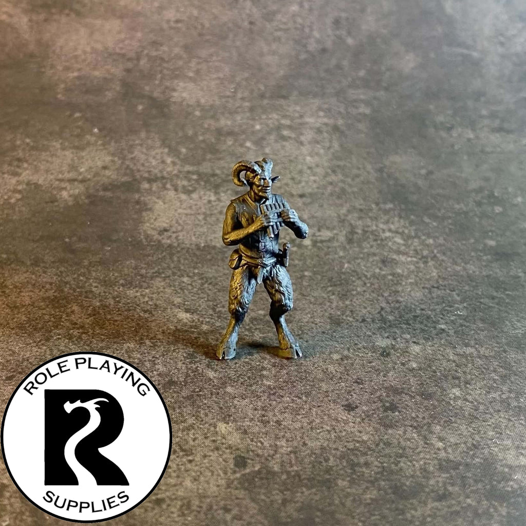 A dnd miniature satyr primed in black 28mm scale.