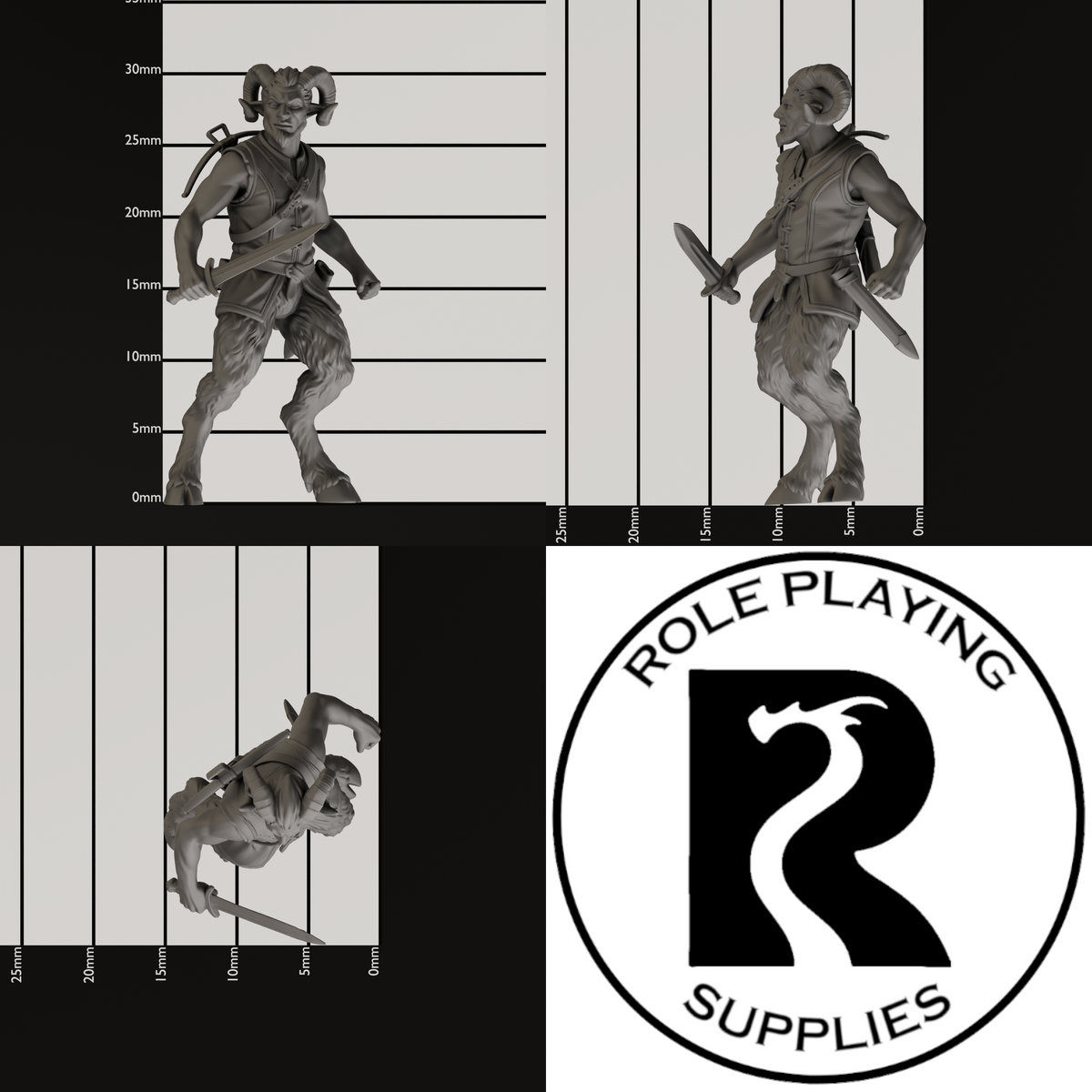 A dnd miniature satyr, photo showing all 3 angles with sizes in mm.