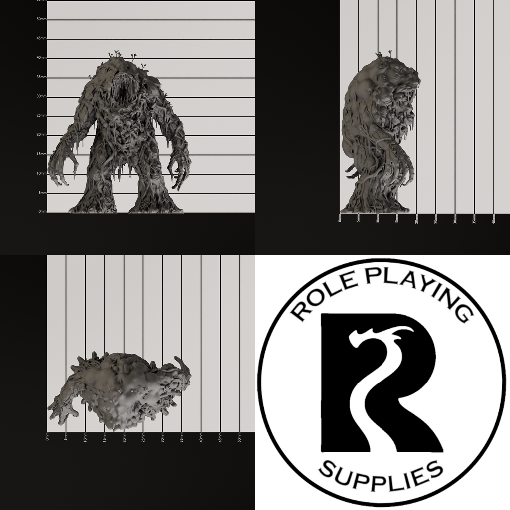 A dnd miniature shambling mound, photo showing all 3 angles with sizes in mm.
