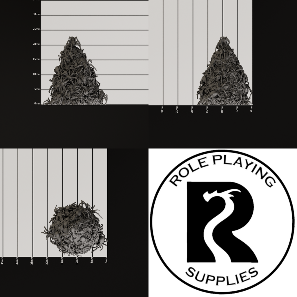 Three black-and-white product photos showing a dnd miniature of a swarm of spiders / insects, alongside a circular logo for Role Playing Supplies.