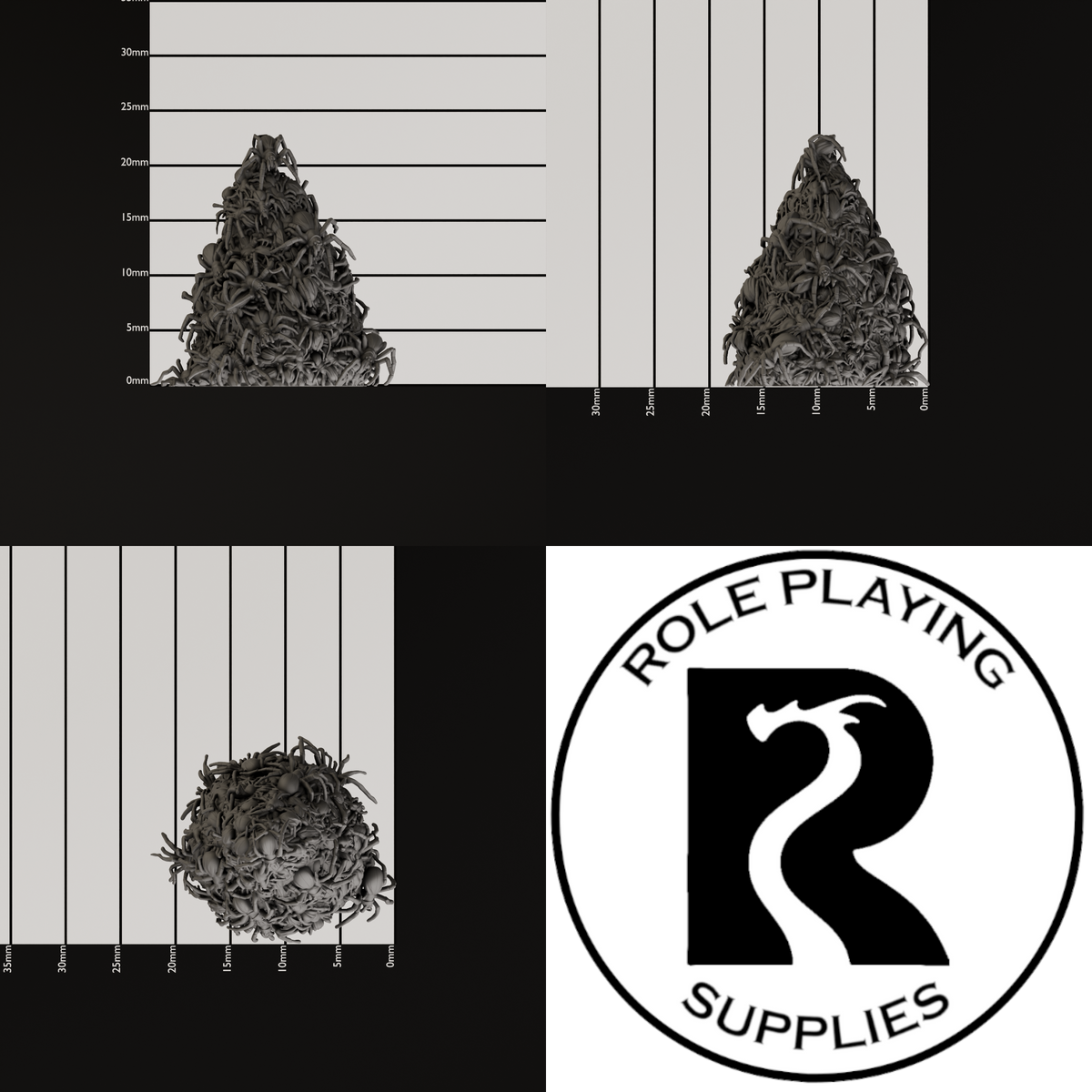 Three black-and-white product photos showing a dnd miniature of a swarm of spiders / insects, alongside a circular logo for Role Playing Supplies.