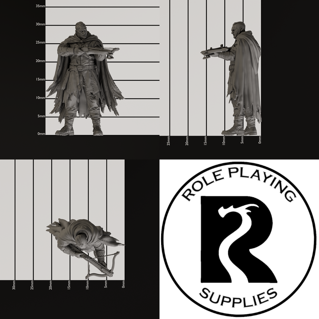 A dnd miniature thug, photo showing all 3 angles with sizes in mm.
