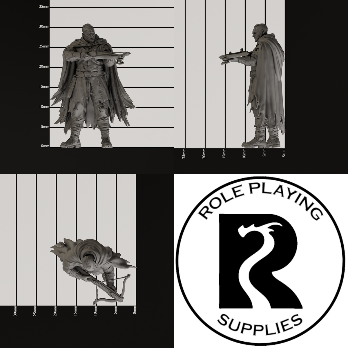 A dnd miniature thug, photo showing all 3 angles with sizes in mm.
