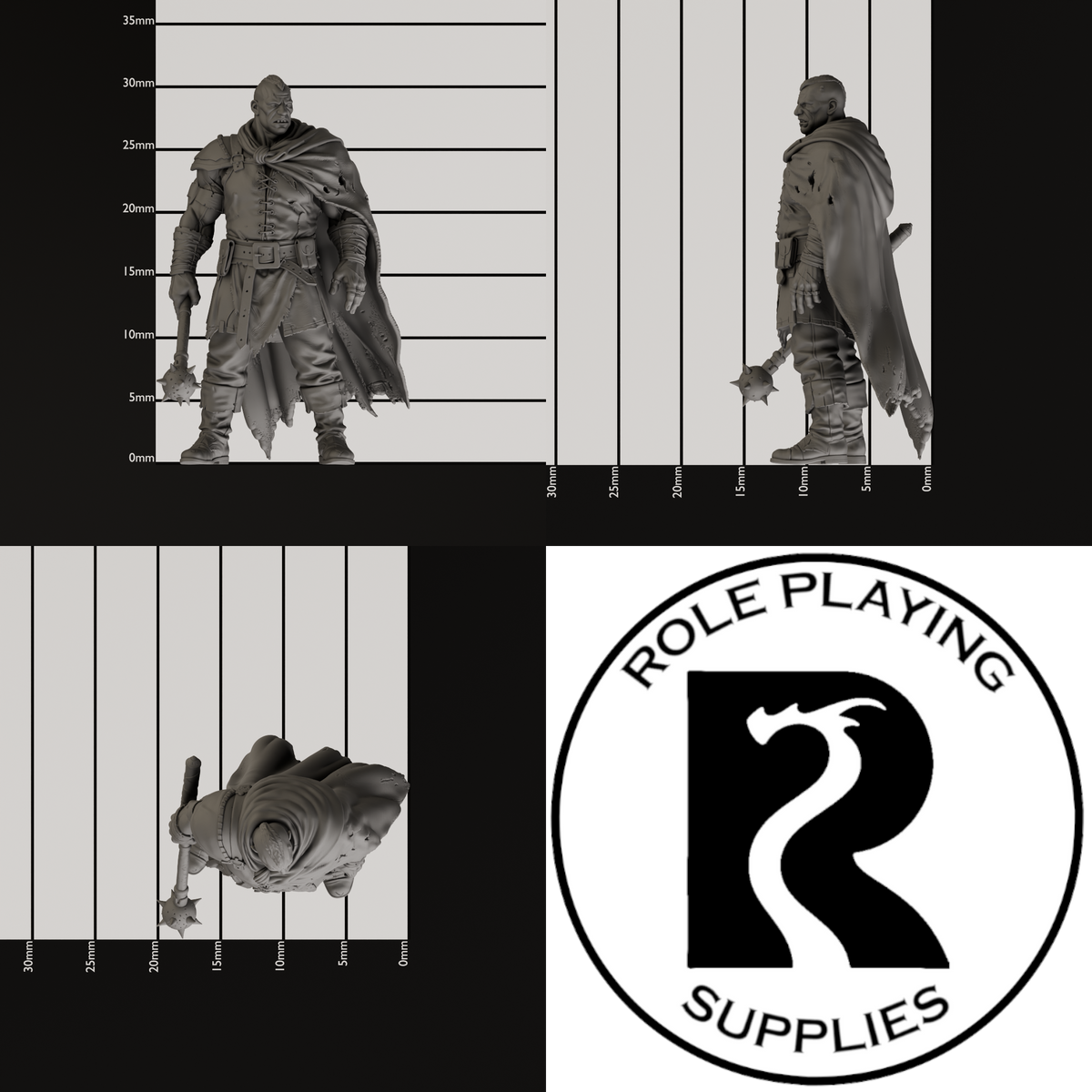 A dnd miniature thug, photo showing all 3 angles with sizes in mm.
