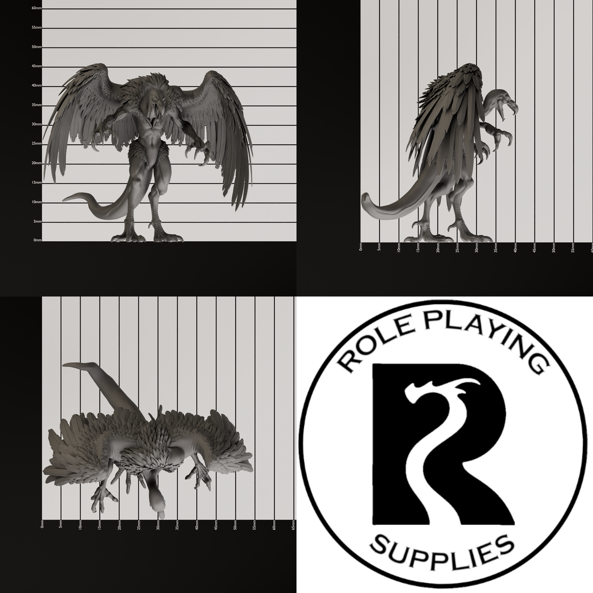 A dnd miniature vrock, photo showing all 3 angles with sizes in mm.
