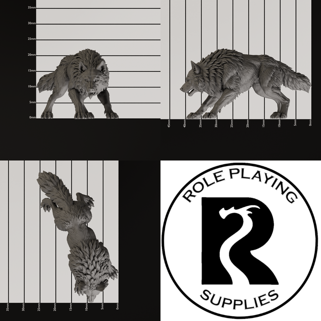 A dnd miniature winter wolf, photo showing all 3 angles with sizes in mm.
