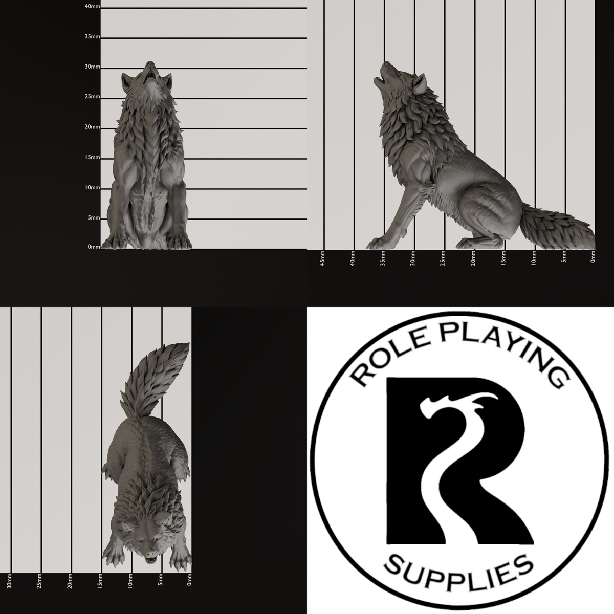 A dnd miniature winter wolf, photo showing all 3 angles with sizes in mm.
