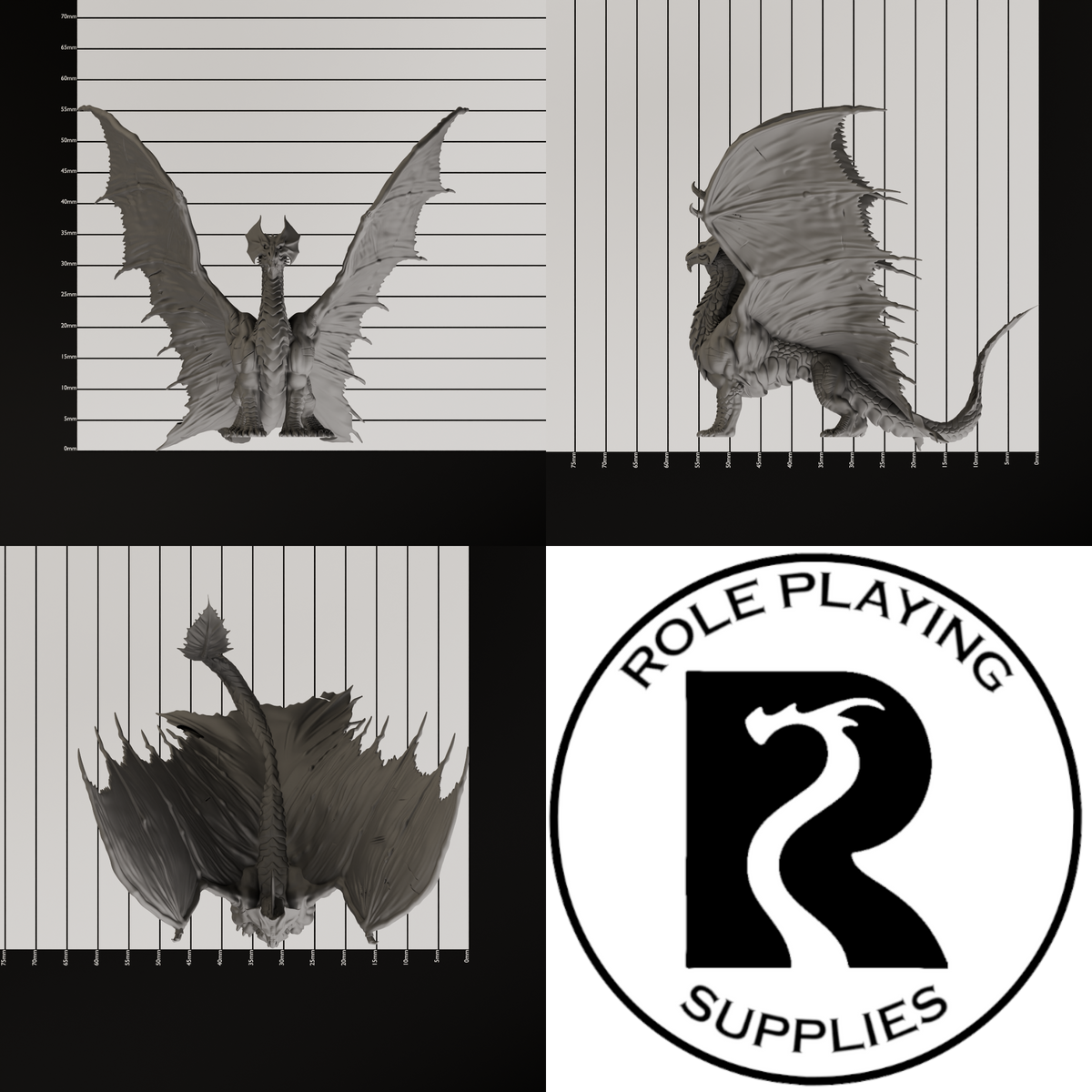 A dnd miniature young brass dragon, photo showing all 3 angles with sizes in mm.