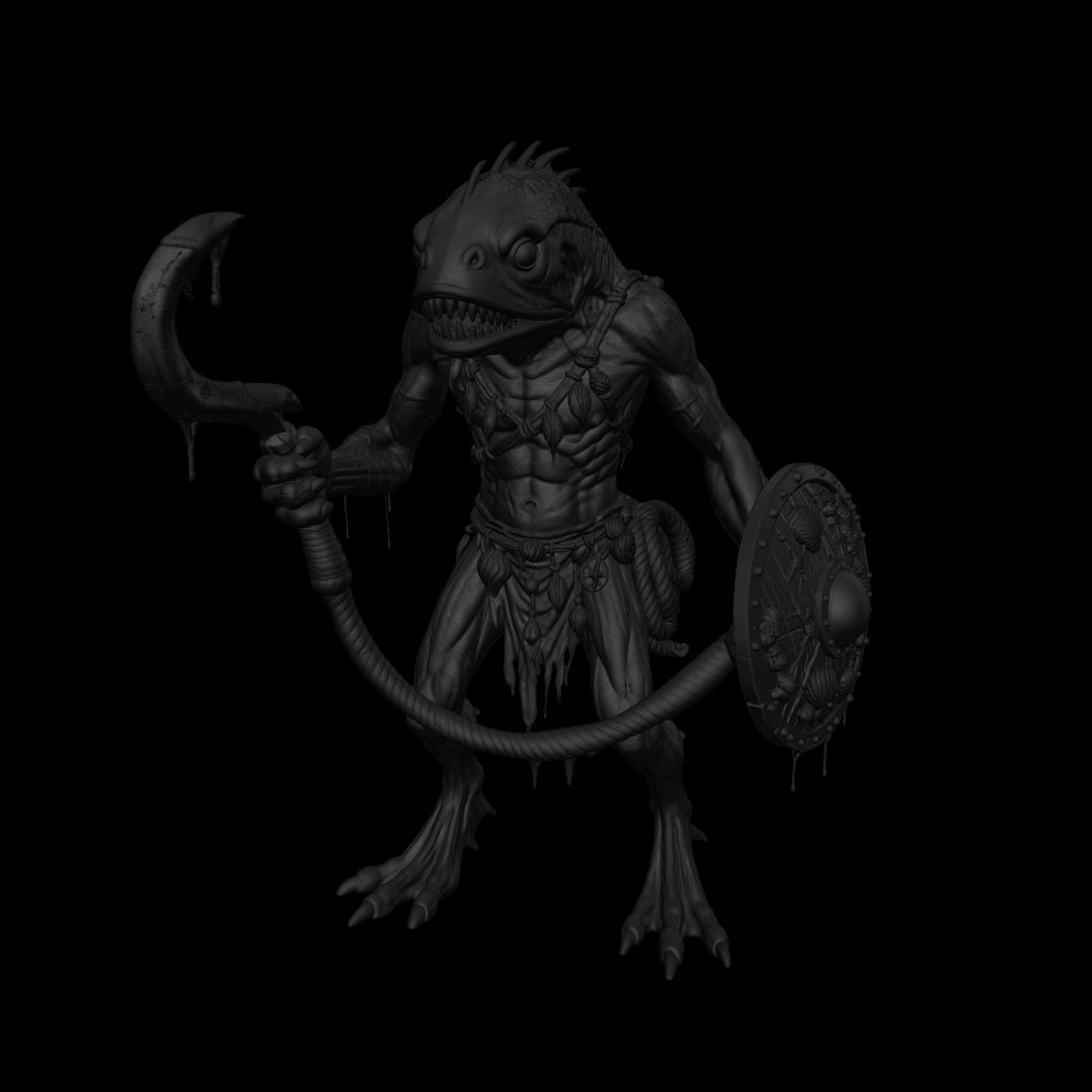 A dnd miniature kuo-toa whip AR model.

